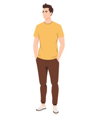 Fototapeta premium Vector illustration. Young man. Bright and stylish image with yellow T-shirt and brown trousers, suitable for summer days.