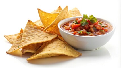 Mexican nacho chips with tomato salsa on white background