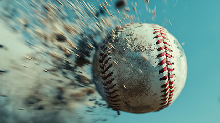 A baseball soaring through the air after a powerful swing at sunset