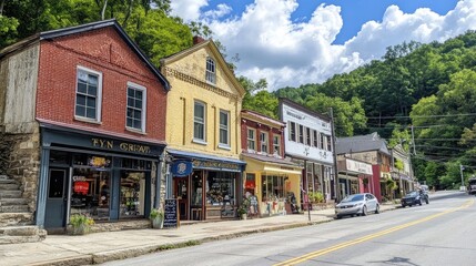 Fototapeta premium Charming small-town main street with unique shops and restaurants