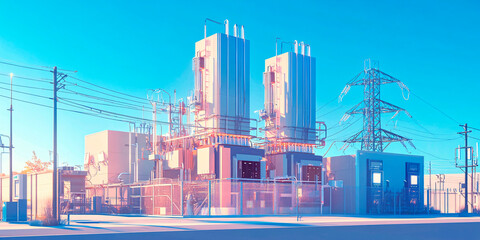 Obraz premium Modern electrical substation with transformers under blue sky
