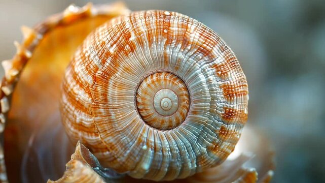 A close-up of a spiral seashell with intricate ridges and patterns