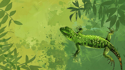 A green lizard is on a green leaf. The background is a blur of green leaves. The lizard is looking at the viewer.