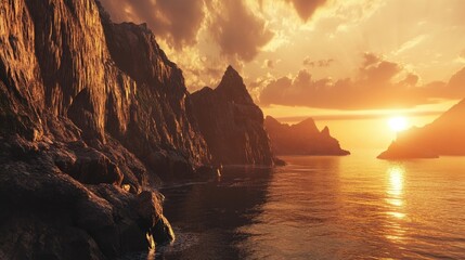 Dramatic cliffs and coastal scenery illuminated by the setting sun
