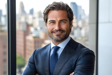 Fototapeta premium A middle-aged man in a suit standing with his arms crossed and smiling confidently. This is an image of organization leader who has experience and confidence in managing the organization to progress.
