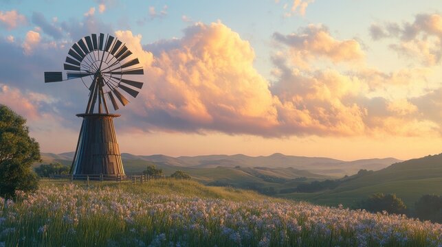 Historic windmill standing tall against a backdrop of rolling hills