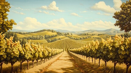 Fototapeta premium Peaceful vineyard landscape with rolling hills and grapevines at harvest