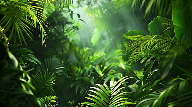 lush green foliage of a tropical jungle with bright sunlight shining through the leaves