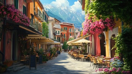 Fototapeta premium Picturesque village square with outdoor dining and blooming flowers