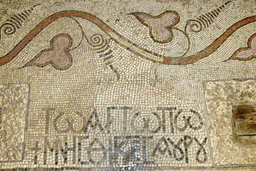 Mosaics of the Church of Multiplication’s chapel built by Martyrius of Jerusalem in 478. The chapel’s floor was covered with a Nile mosaic, a style of art popular in the Byzantine time. Israel, 2016