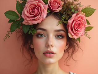 Elegant Portrait of a Young Woman with Floral Headpiece &ndash; Beauty and Nature Fusion on Peach Background