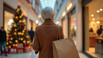 Senior woman holiday shopping in mall with christmas tree and festive decorations