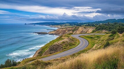 Scenic coastal road winding along cliffs with ocean views