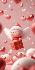 Cute 3D Cupid Flying with Heart Balloons: Valentine's Day Illustration