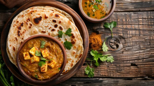 Homemade Kerala wheat paratha or layered parotta served with Paneer curry