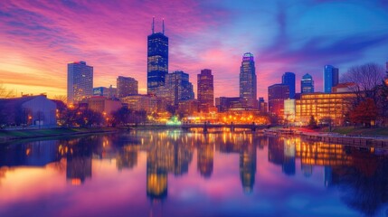 Fototapeta premium Vibrant city skyline reflecting in a calm river at sunset