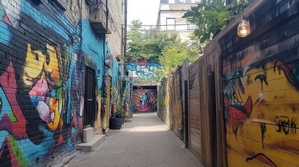 Naklejka premium Vibrant graffiti-covered alleyway with local art and creative expressions
