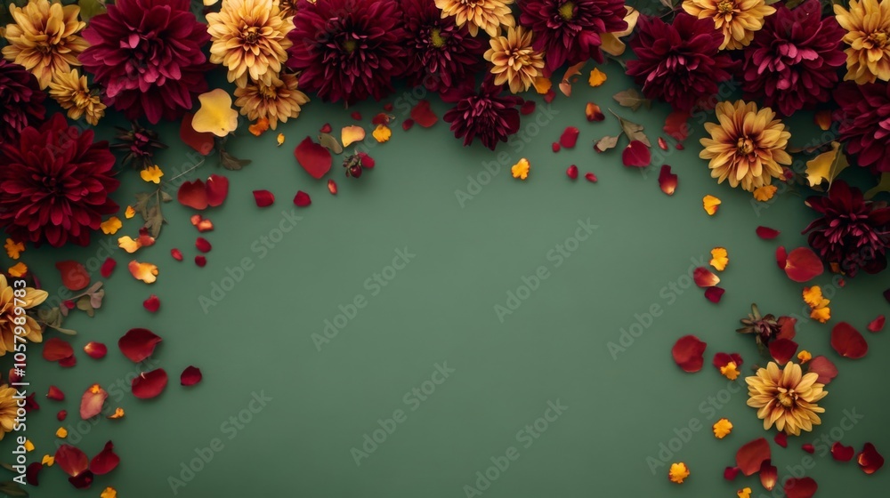 Poster red and yellow flowers with petals scattered on a green background. the flowers are arranged in a bo