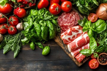 Rustic charcuterie board with meats cheeses and vegetables representing culinary creativity wellness and dietary diversity in a vibrant setup