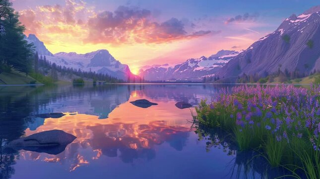 Quiet lake reflecting glowing colorful sky beside majestic mountain landscape at dusk
Seamless looping 4k time-lapse virtual video animation Generated AI