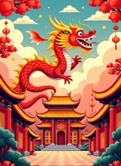 Vibrant dragon soaring above traditional temple in colorful asian landscape