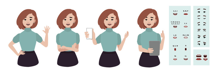 Business office woman constructor suitable for animation. Generator of diverse eyes, lips, emotion expressions mouth animation and lip sync. Young woman character face and upper body construction.
