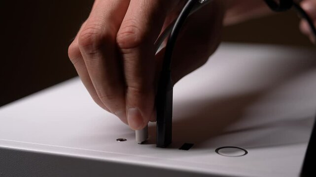 Closeup of man plugging type-c cable into white computer case, for data transfer in room with dark interior. Concept of data backup and transfer, mobile phone charger. Shooting in slow motion.