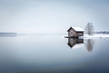 Fototapeta premium Minimalist cabin by the lake in a snowy setting