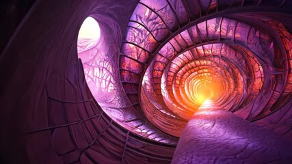 A vibrant, purple spiral staircase leads to a bright light at the end of a tunnel - Powered by Adobe