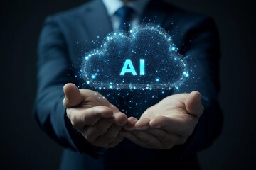 businessman holding digital cloud with word AI on outstretched arm