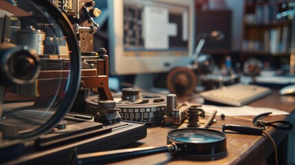 An old film editing station with a magnifying glass and splicing tools on the desk.