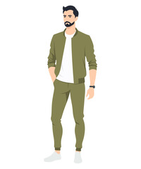 Vector illustration. Young man Stylish and unusual image in a green set, bringing freshness and creativity to everyday wardrobe.