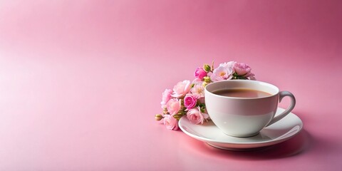 Fototapeta premium Minimalist coffee cup with flowers on pink background