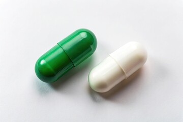 Minimalist composition of white and green pills on a white background