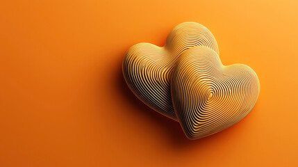 Abstract two intertwined heart shapes with concentric line detailing on an orange background. The hearts have a three-dimensional appearance and a modern, artistic design.