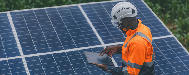 Engineer Checking solar panels in agriculture farm land. Engineer examining solar panels at field. Technicians maintenance solar photo voltaic panels  in agriculture farm field. clean energy