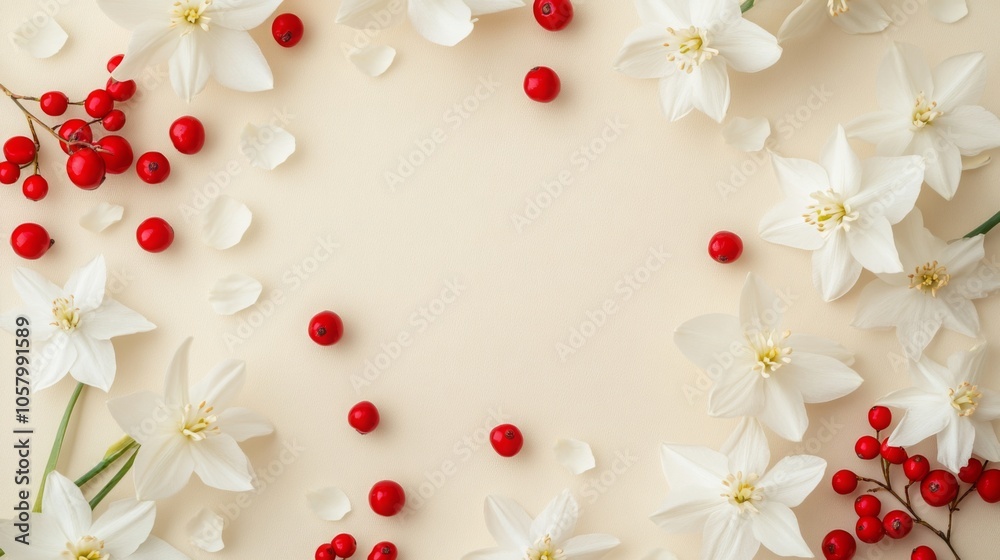 Poster a flat lay featuring white flowers and red berries arranged around the perimeter of a cream-colored 