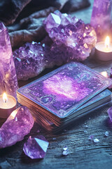 A mystical and enchanting setting with tarot card and magical crystals