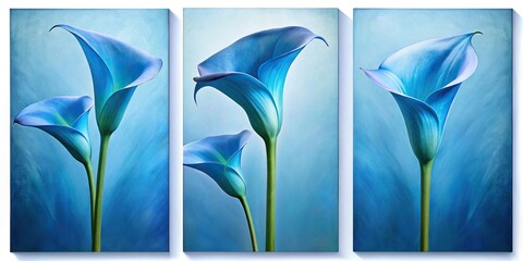 Minimalist elegant blue calla lily flower paintings in triptych format with modern minimalist style