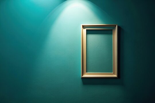 Minimalist empty frame on teal wall with soft spotlight