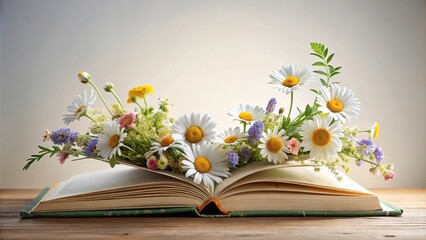 Minimalist fairytale books covered with rococo wild flowers and daisies © Chanchai