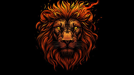 Fototapeta premium A powerful and majestic lion with fire around its head and mane. African Savannah Warriors. Illustration