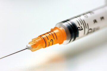Close up of syringe with orange cap and liquid emphasizing healthcare technology medical precision and wellness focus in a sterile environment