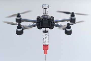 Drone equipped with syringe flying in air emphasizing medical technology innovative delivery and healthcare precision in a futuristic setup