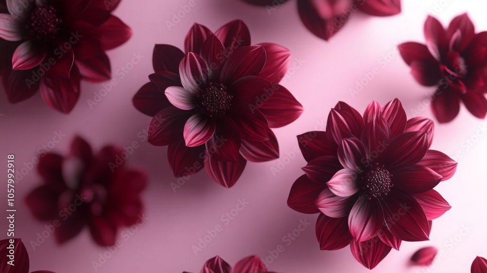 Poster a collection of vibrant red flowers with intricate petals and textures scattered elegantly over a so