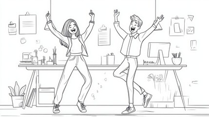 Celebrating Success in the Workplace: Joyful Colleagues Dancing in an Office Environment