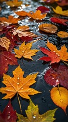 Fototapeta premium Autumn Maple Leaves Floating on Water with Raindrops 
