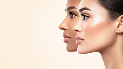 Fototapeta premium Two women in profile showcasing diverse beauty and flawless skin, AI
