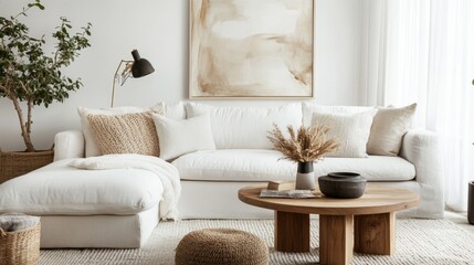 Modern Minimalist Living Room Interior with Cozy Sofa and Natural Accents