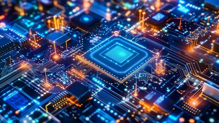 Glowing blue and orange circuits with a central processor